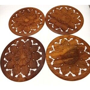 Vtg Set Of 4 India Hand Carved Wooden  11.5" Round Trivet Floral Boho Wall Art